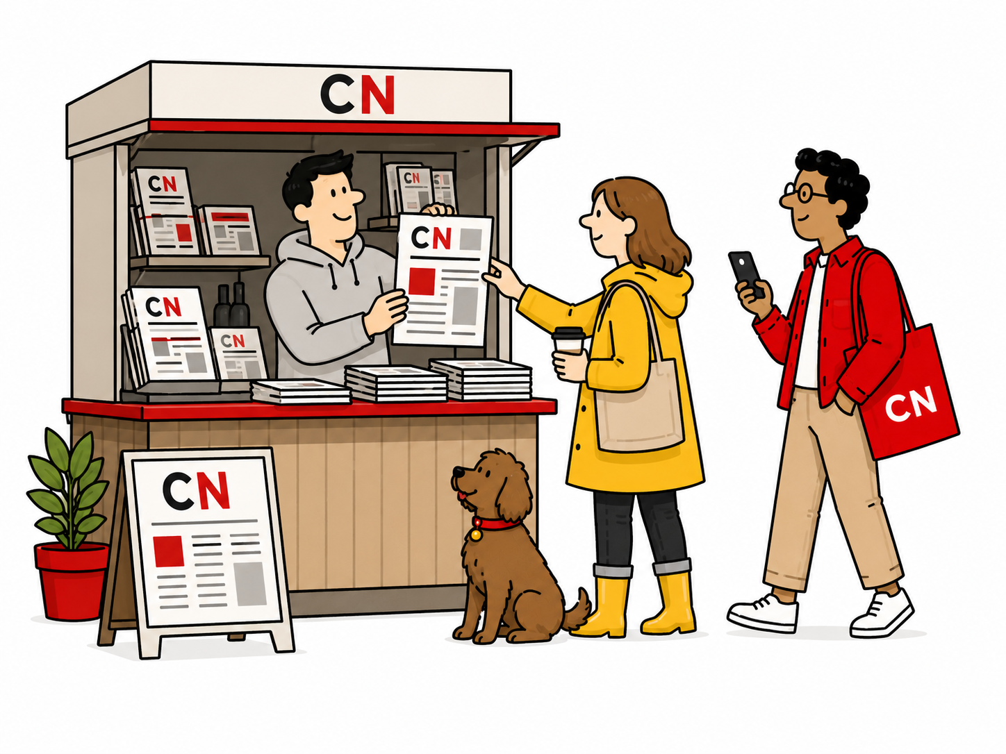 Illustration of people carrying newspapers for the Christianity Now newsletter